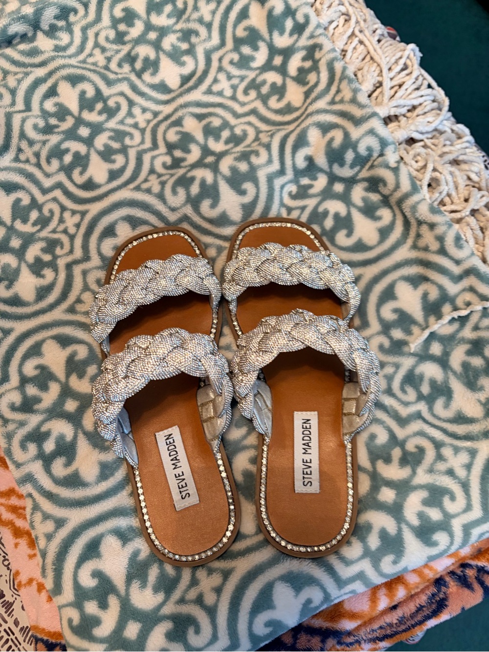 Steve Madden Braided Metallic Silver Slide Mules